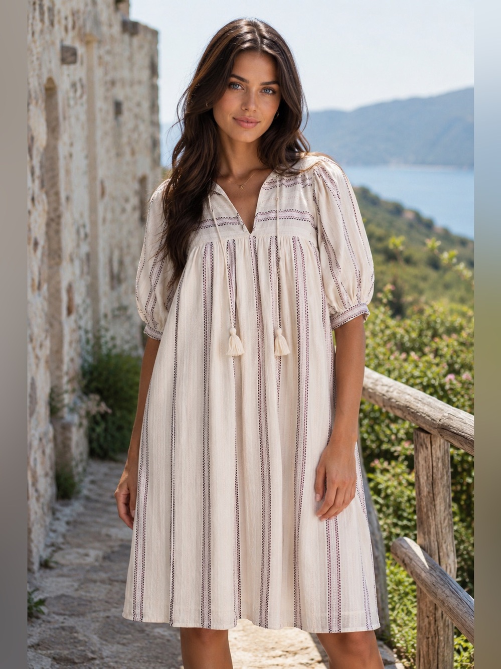 Millie Cream Striped Boho Tassel Midi embroidered cotton Dress NWT Small